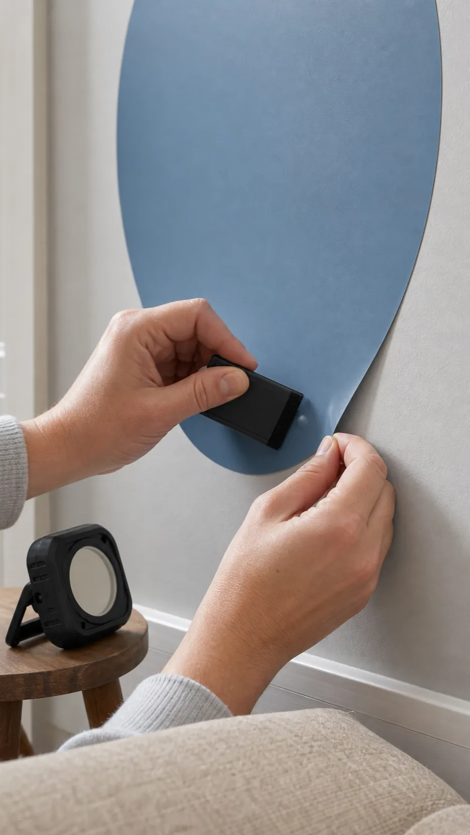 Close inspection of a small wall decal bubble being guided toward an open edge
