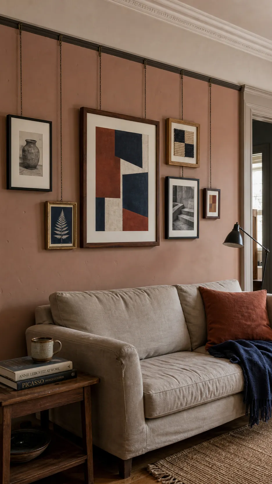 Collected living room gallery suspended from a dark bronze picture rail