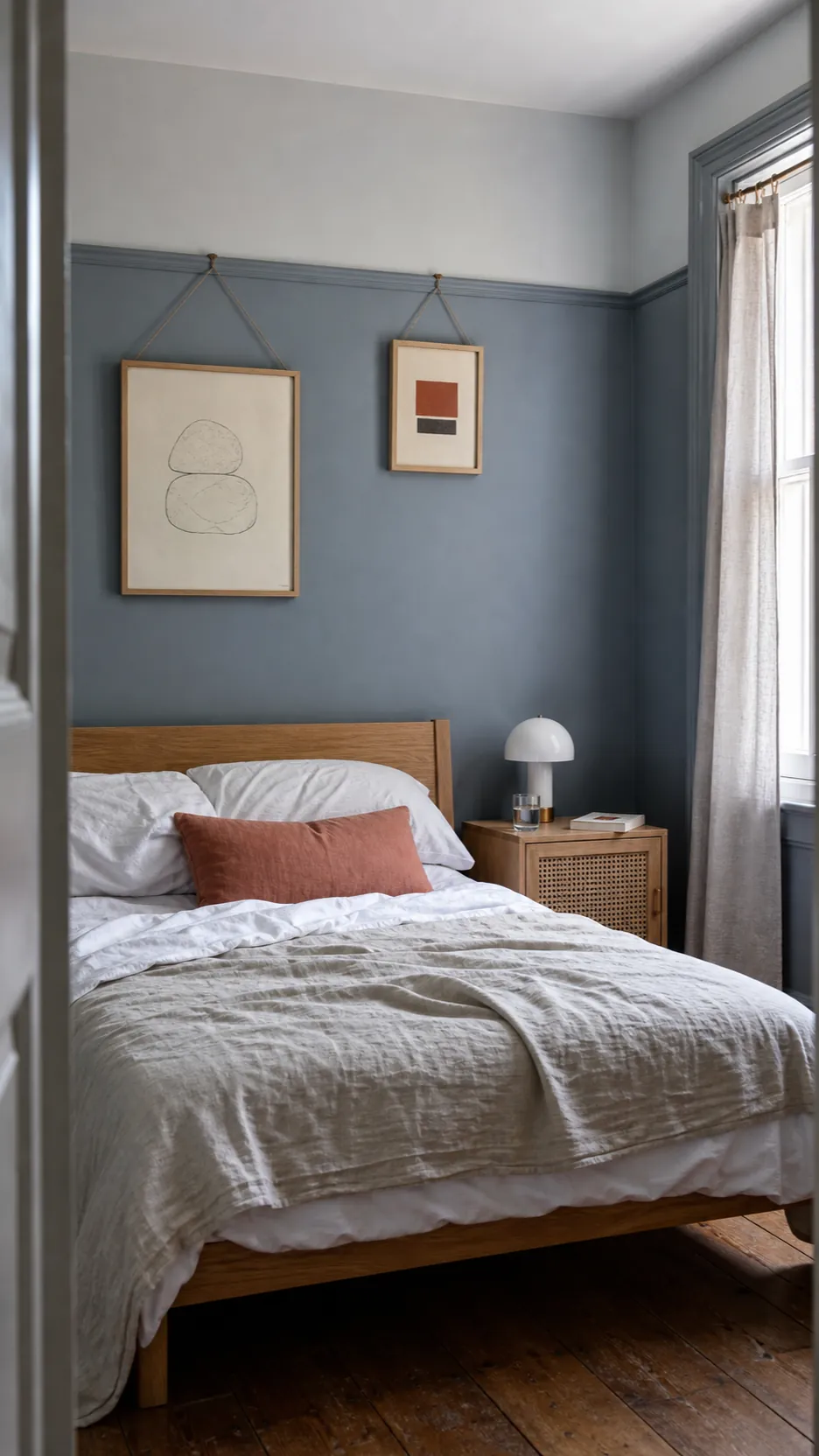 Tonal blue bedroom with minimalist prints hanging from a matching picture rail