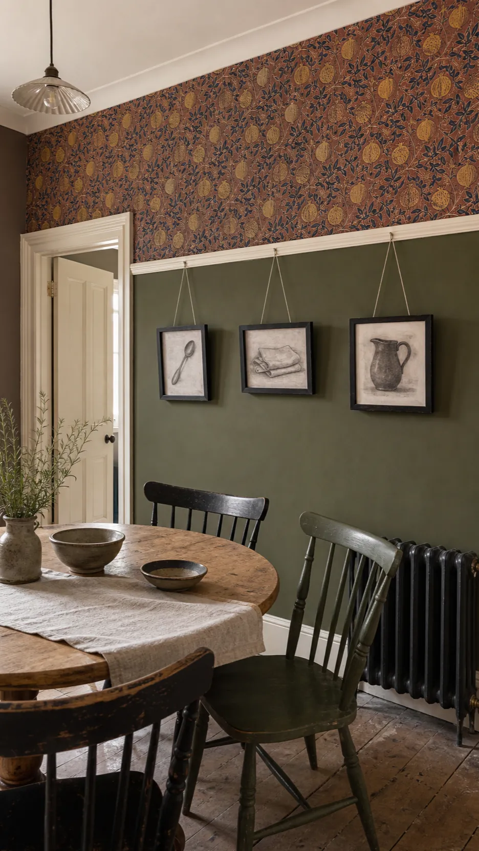 Dining room picture rail dividing olive paint from block-print botanical wallpaper