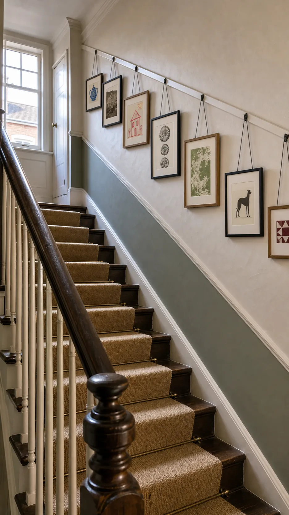 Staircase gallery with small prints rising rhythmically from picture rail hooks