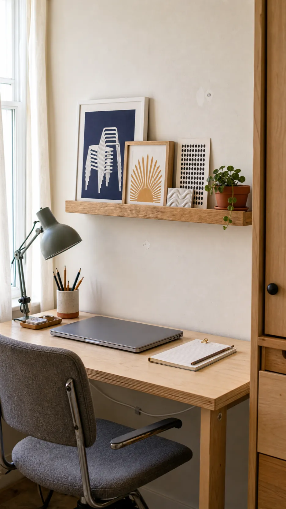 Compact renter workspace with layered prints on a slim oak picture ledge