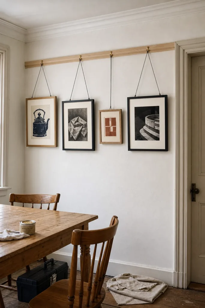 Finished DIY picture rail with adjustable framed art