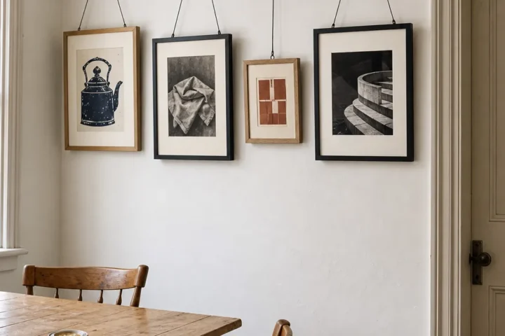 Finished DIY picture rail with adjustable framed art