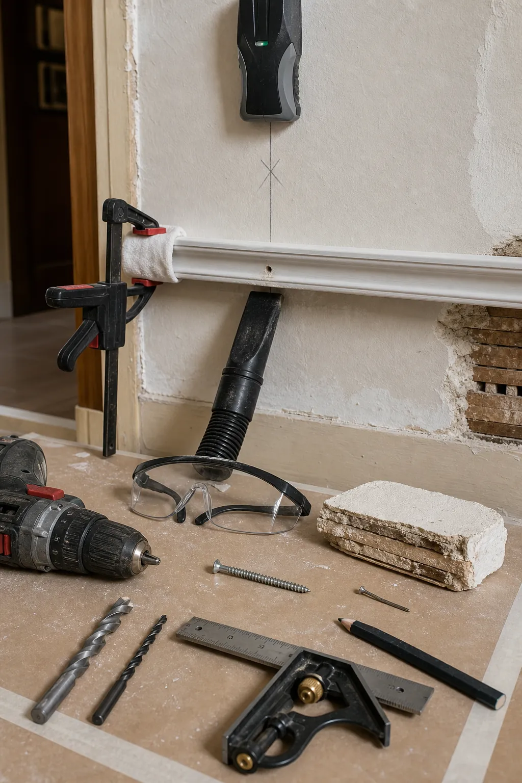 Careful stud and fixing layout for picture rail on an old plaster wall