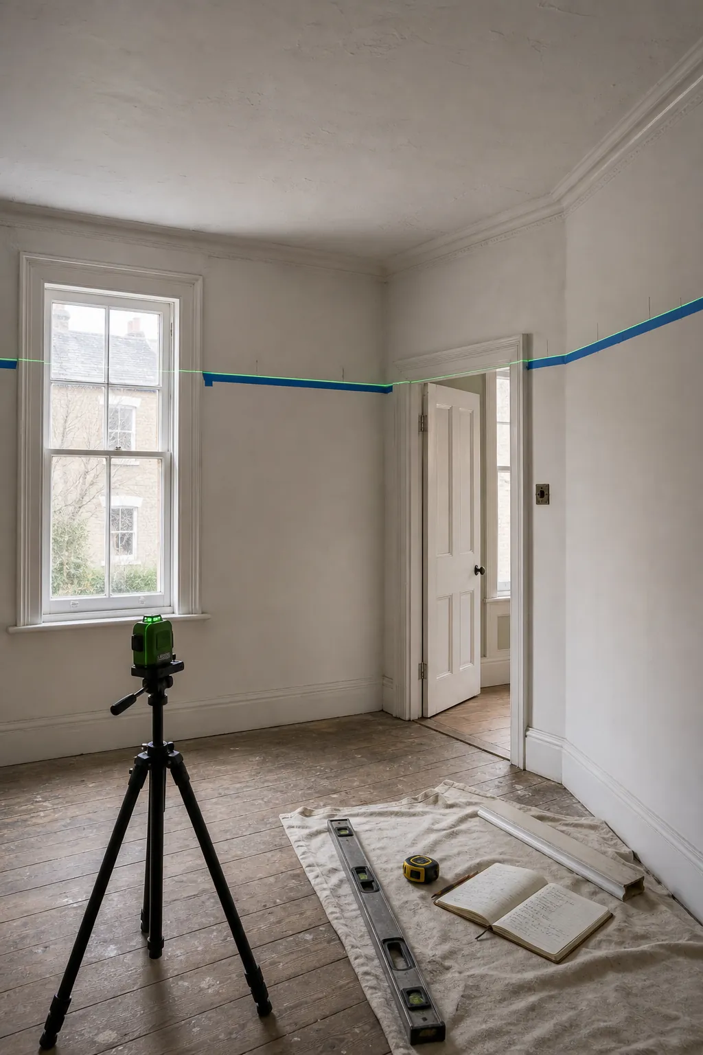 Laser level and painter's tape marking the height for a DIY picture rail