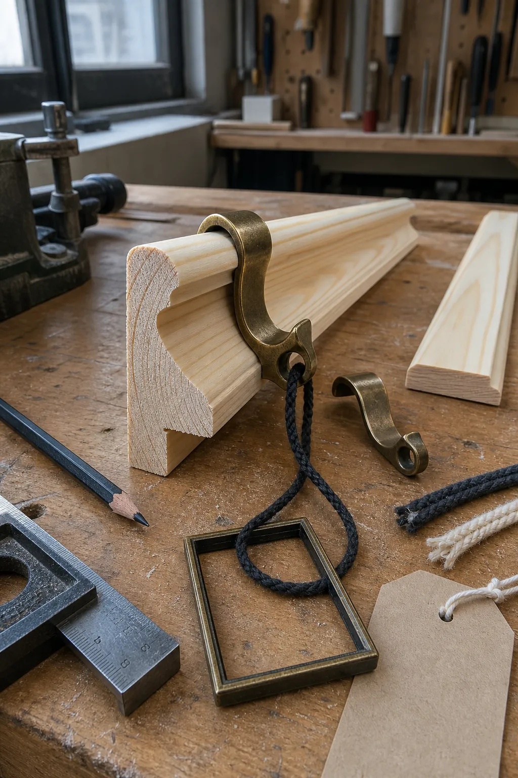 Functional timber picture rail profile being tested with a brass hook