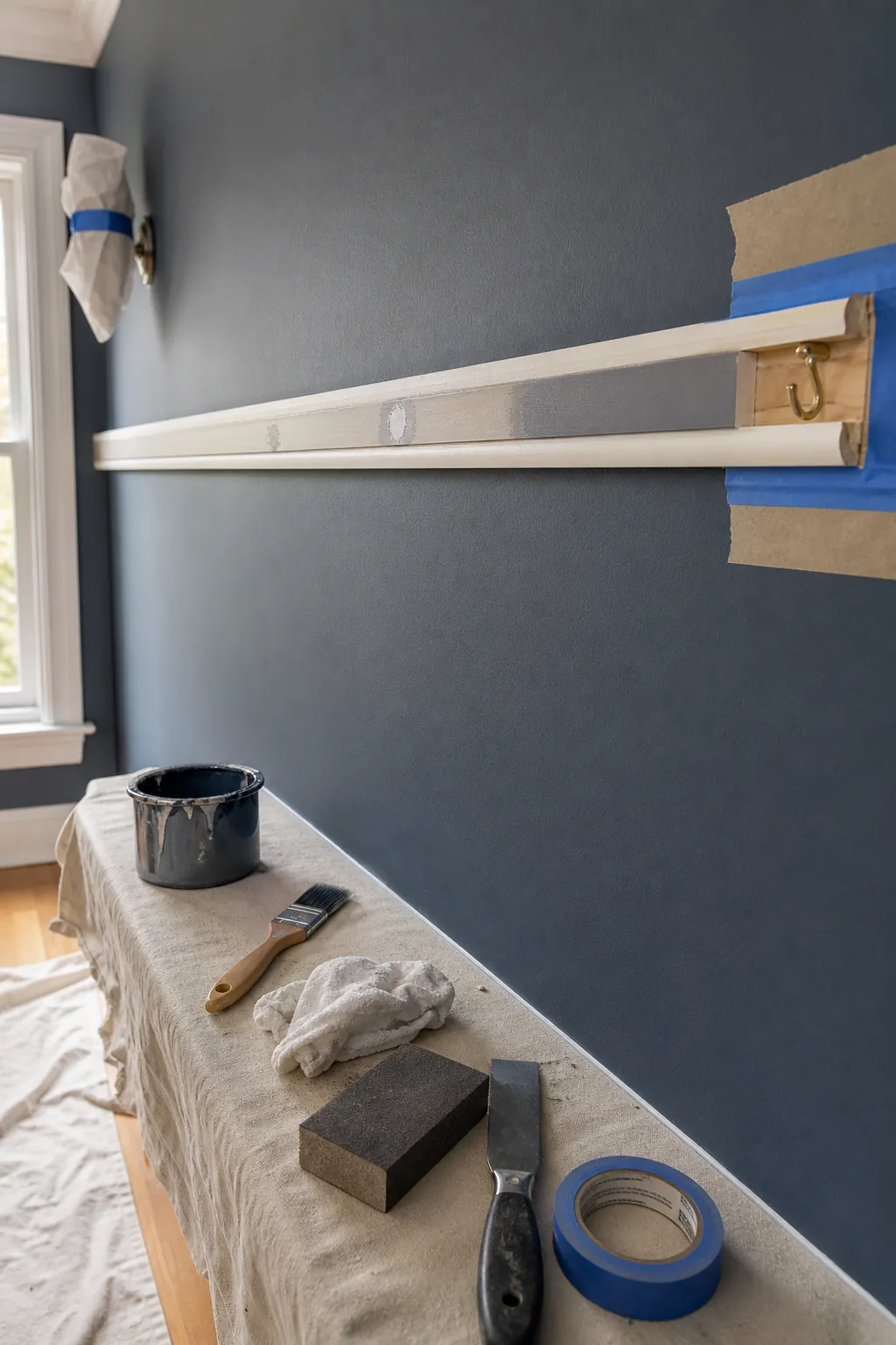 New picture rail being filled and painted while its hook channel stays clear