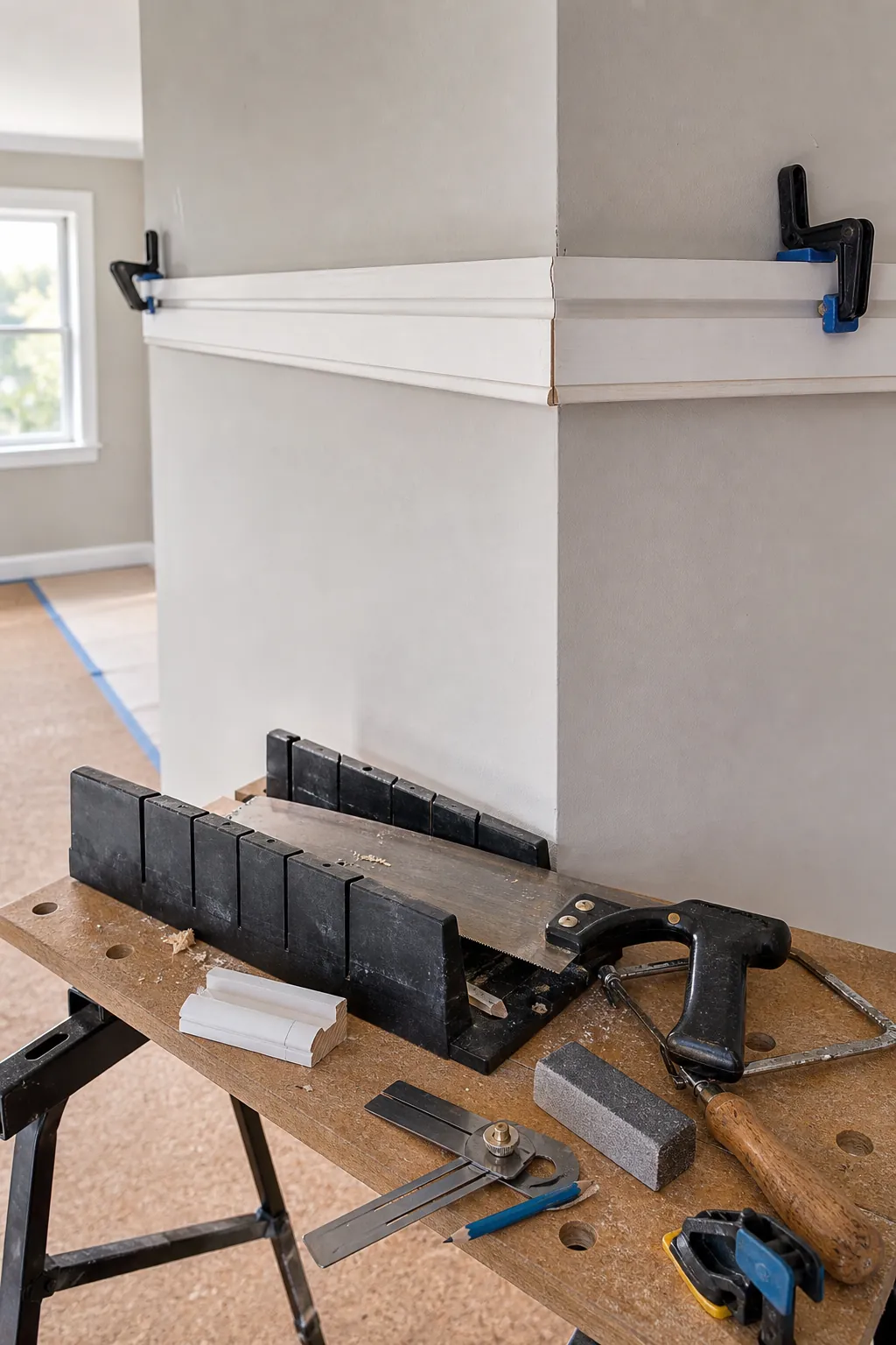 Picture rail moulding dry-fitted at a clean inside corner