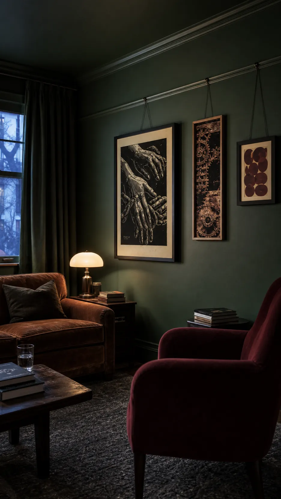 Moody green sitting room with discreet cords on a color-drenched picture rail