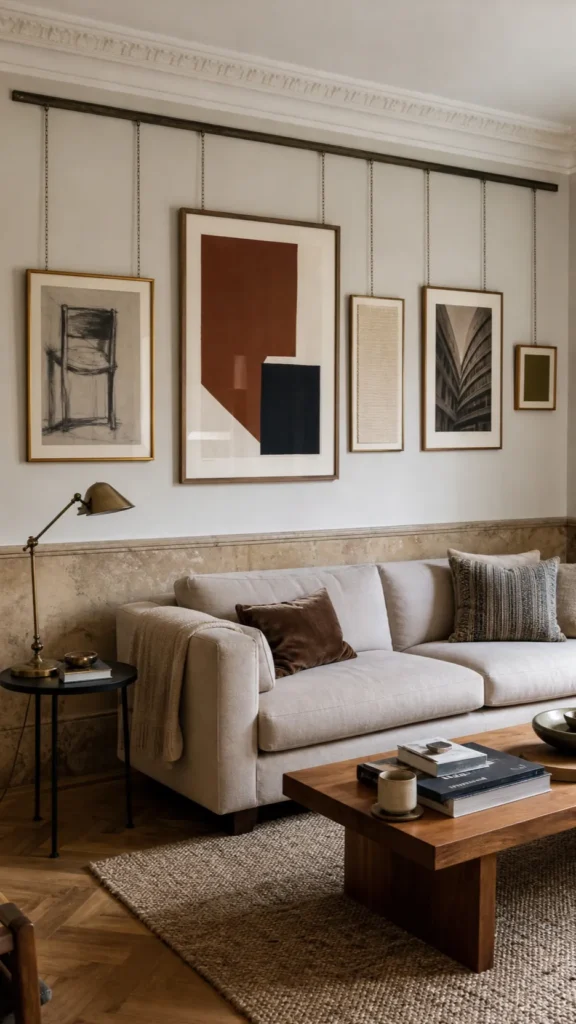 Elegant picture rail living room with balanced art and warm seating