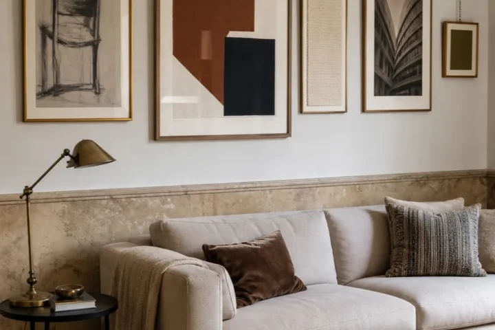 Elegant picture rail living room with balanced art and warm seating