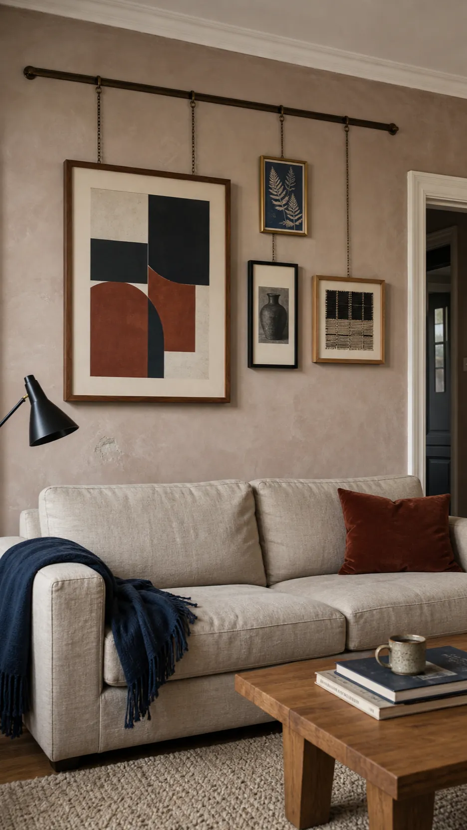 Living room picture rail gallery anchored by one large abstract above the sofa