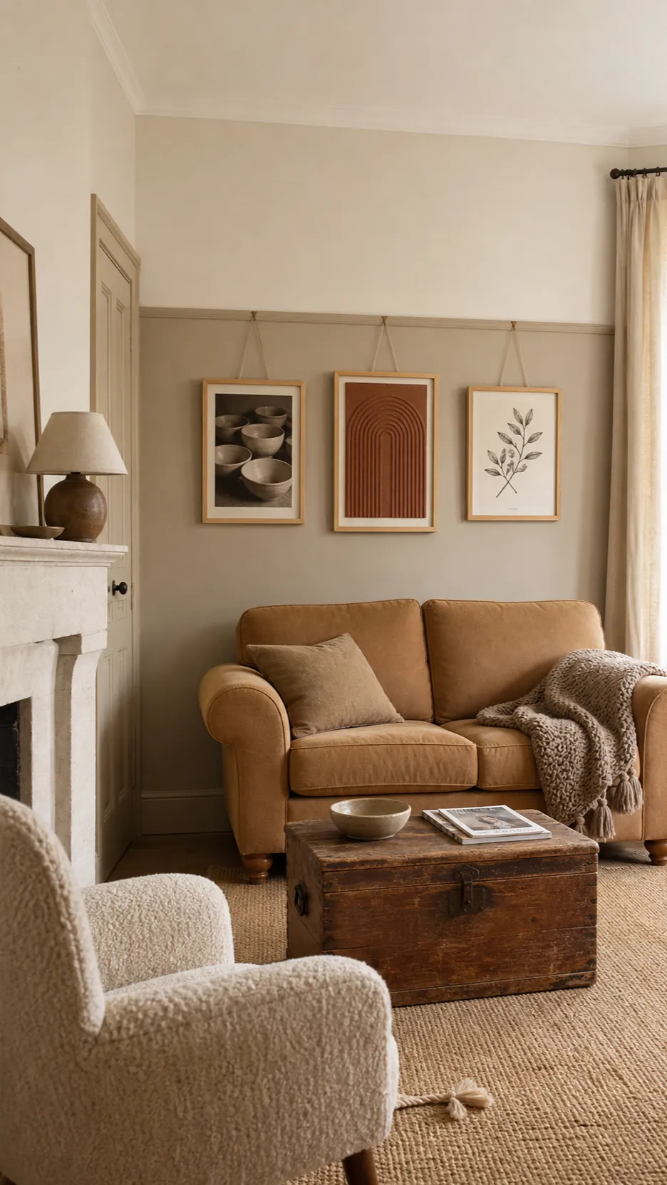 Warm neutral living room with a tonal picture rail and calm framed prints