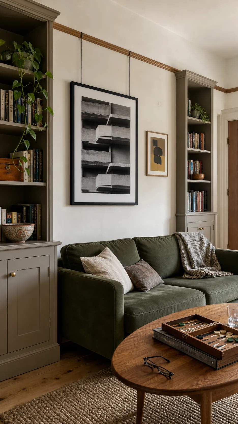 Living room picture rail aligned with warm built-in bookshelves