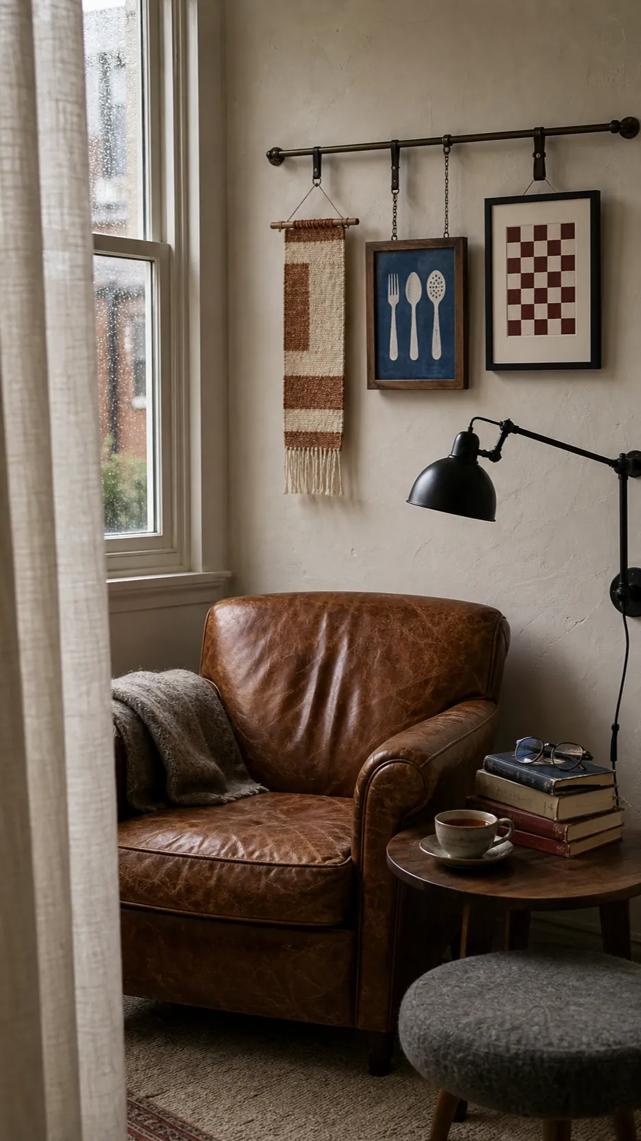 Cozy reading corner with a flexible mixed-media picture rail display