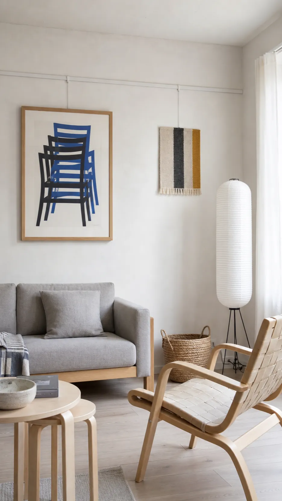 Scandinavian living room with two restrained artworks on a pale picture rail
