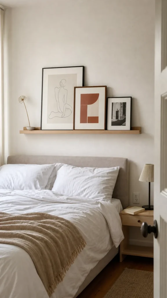 Minimal renter bedroom with a slim oak picture ledge and layered abstract prints