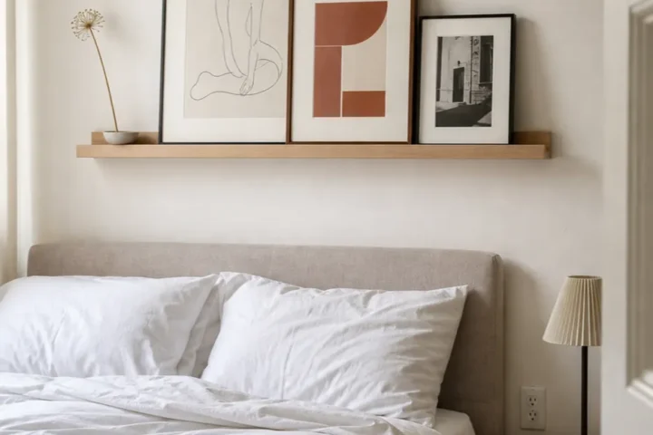 Minimal renter bedroom with a slim oak picture ledge and layered abstract prints
