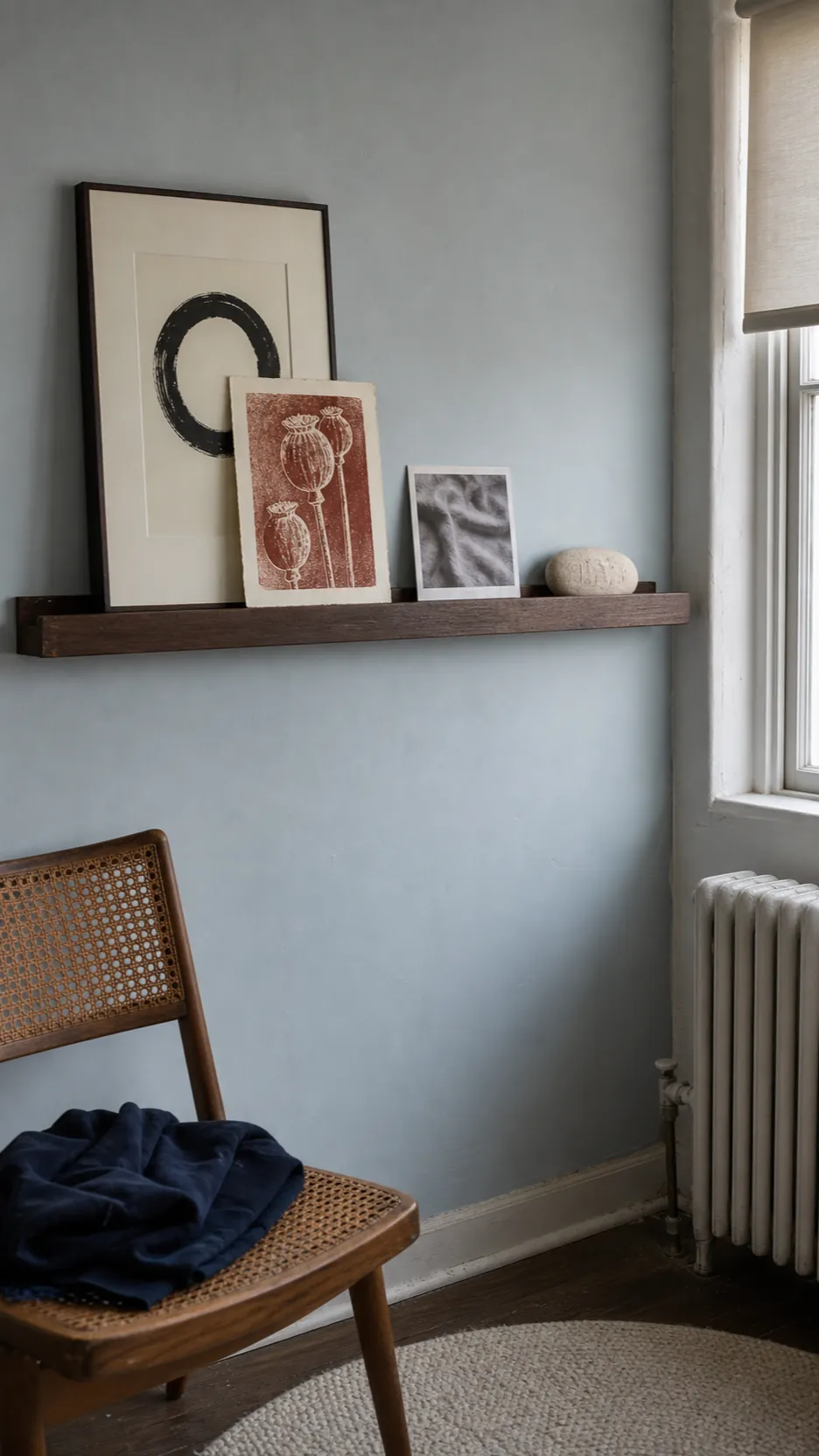 Minimalist bedroom picture ledge with layered frames in varied sizes and open space