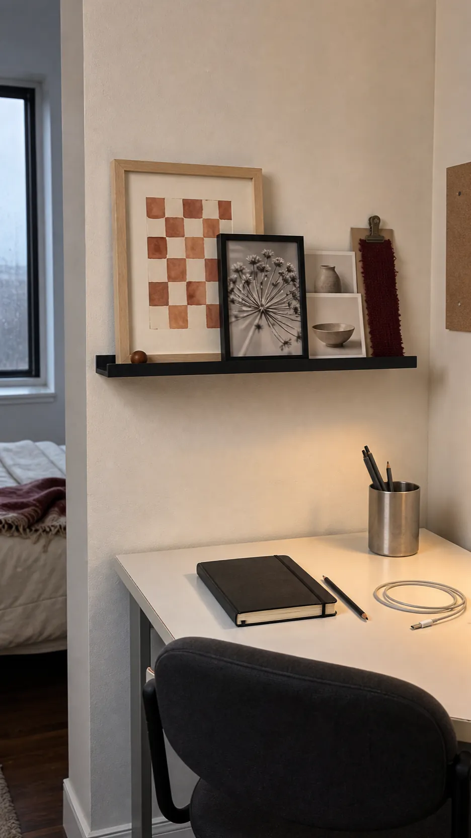 Small bedroom picture ledge refreshed with postcards and lightweight autumn-toned prints