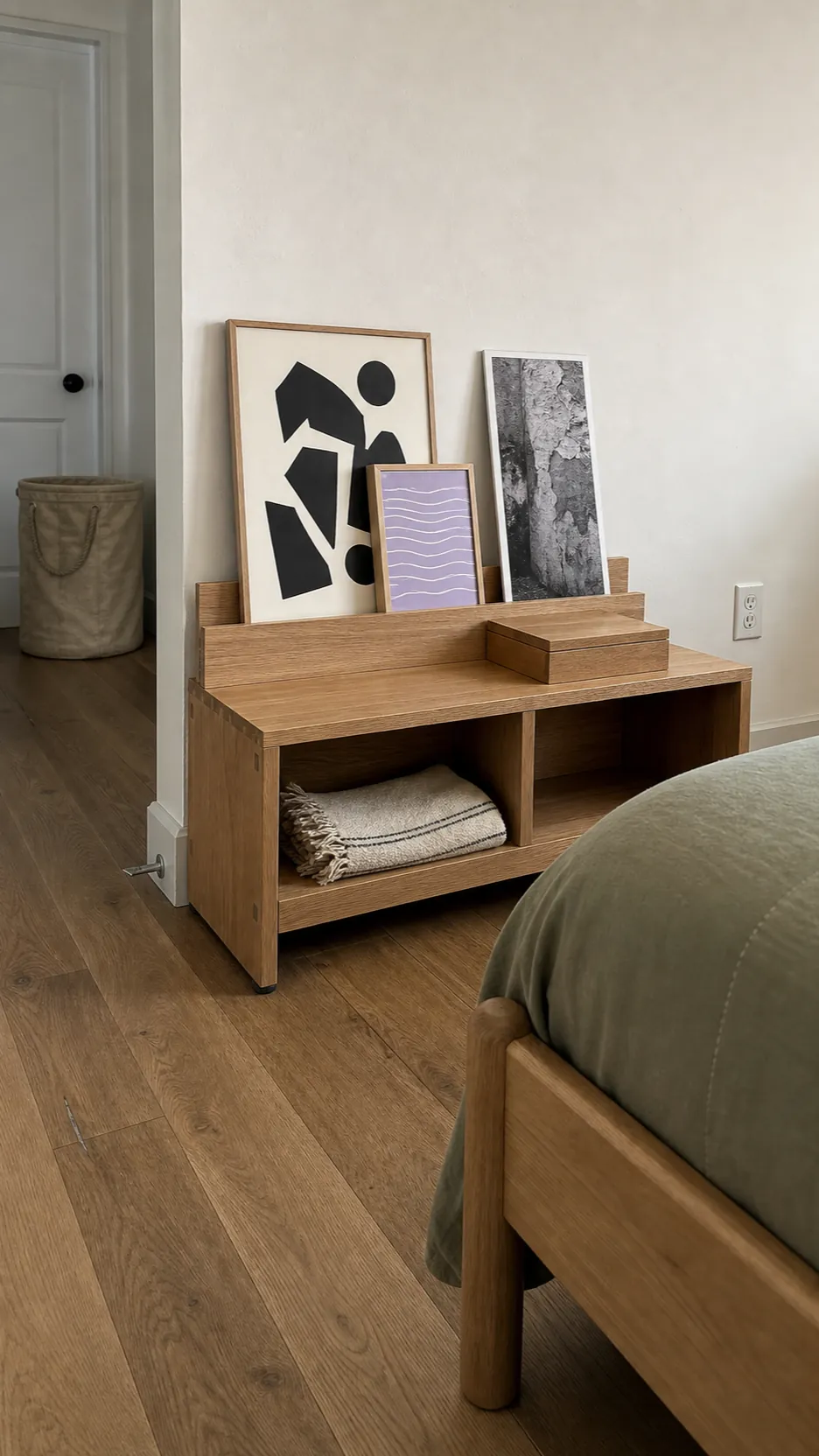 Freestanding low picture ledge with leaning art for a renter avoiding wall mounting