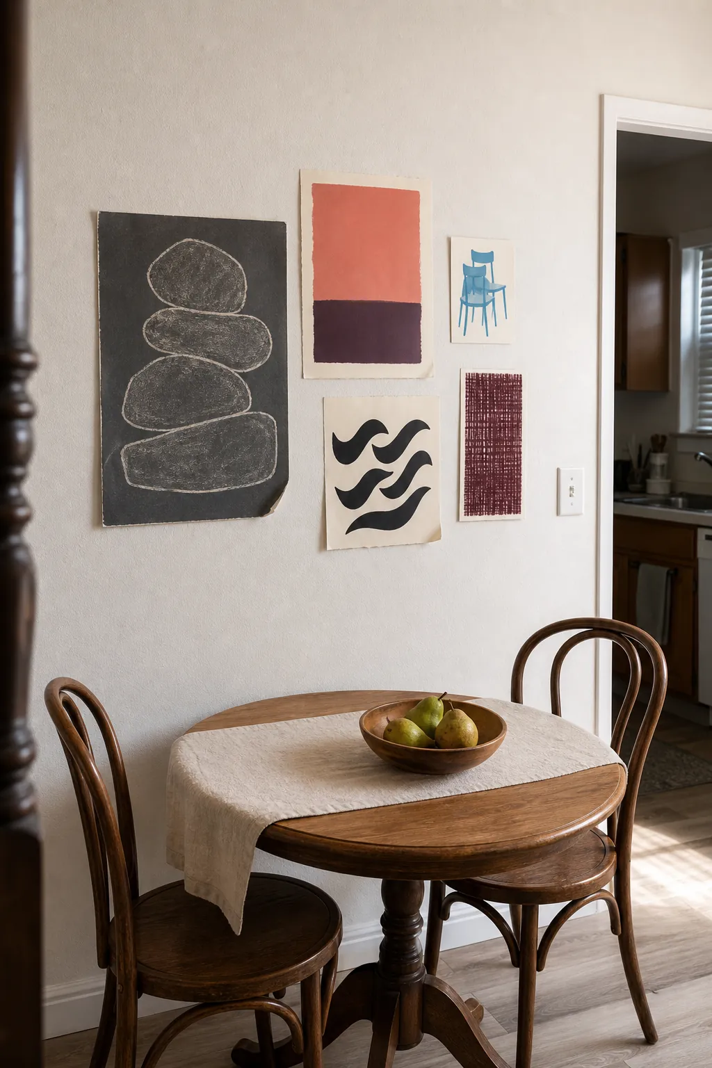 Lightweight unframed paper prints arranged as removable apartment wall decor