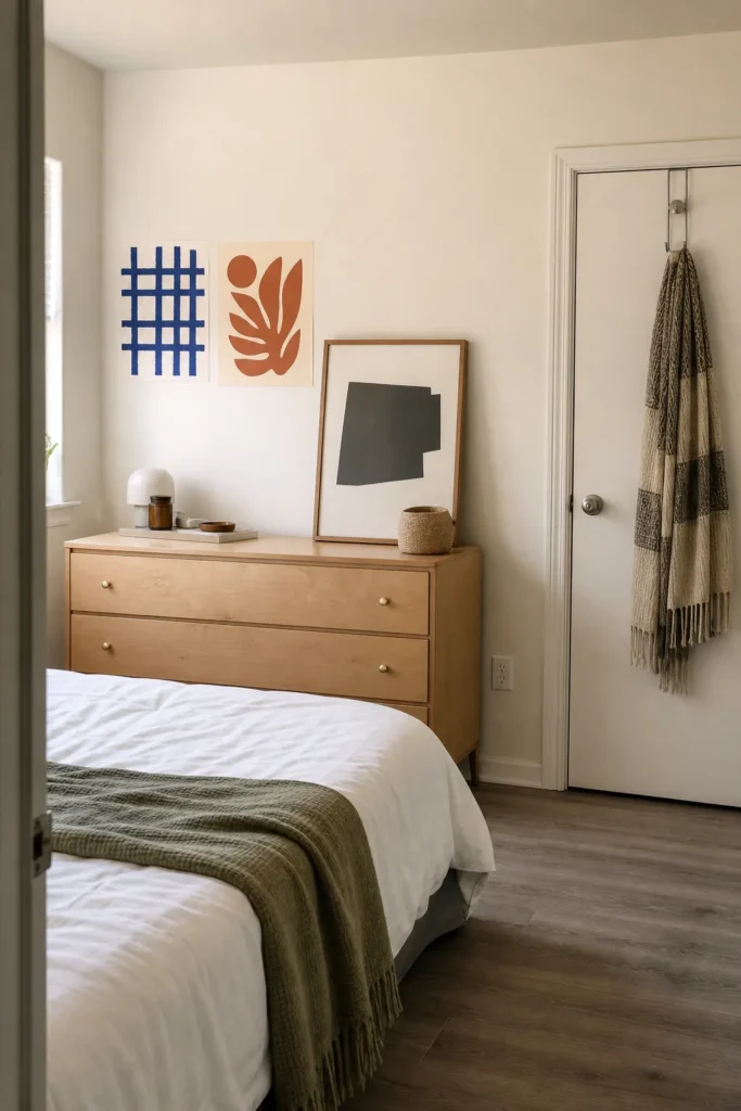 Calm rental bedroom with lightweight removable wall decor and freestanding art