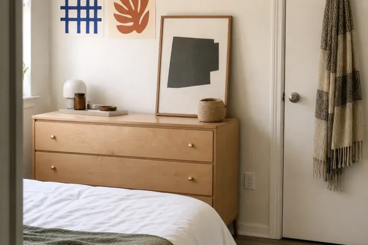 Calm rental bedroom with lightweight removable wall decor and freestanding art