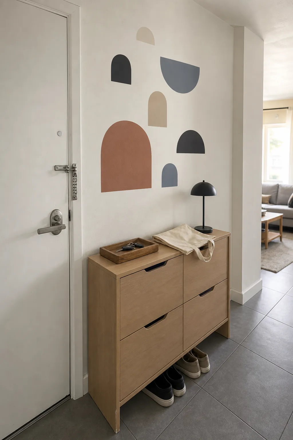 Muted removable arch decals creating temporary wall decor in a rental entry