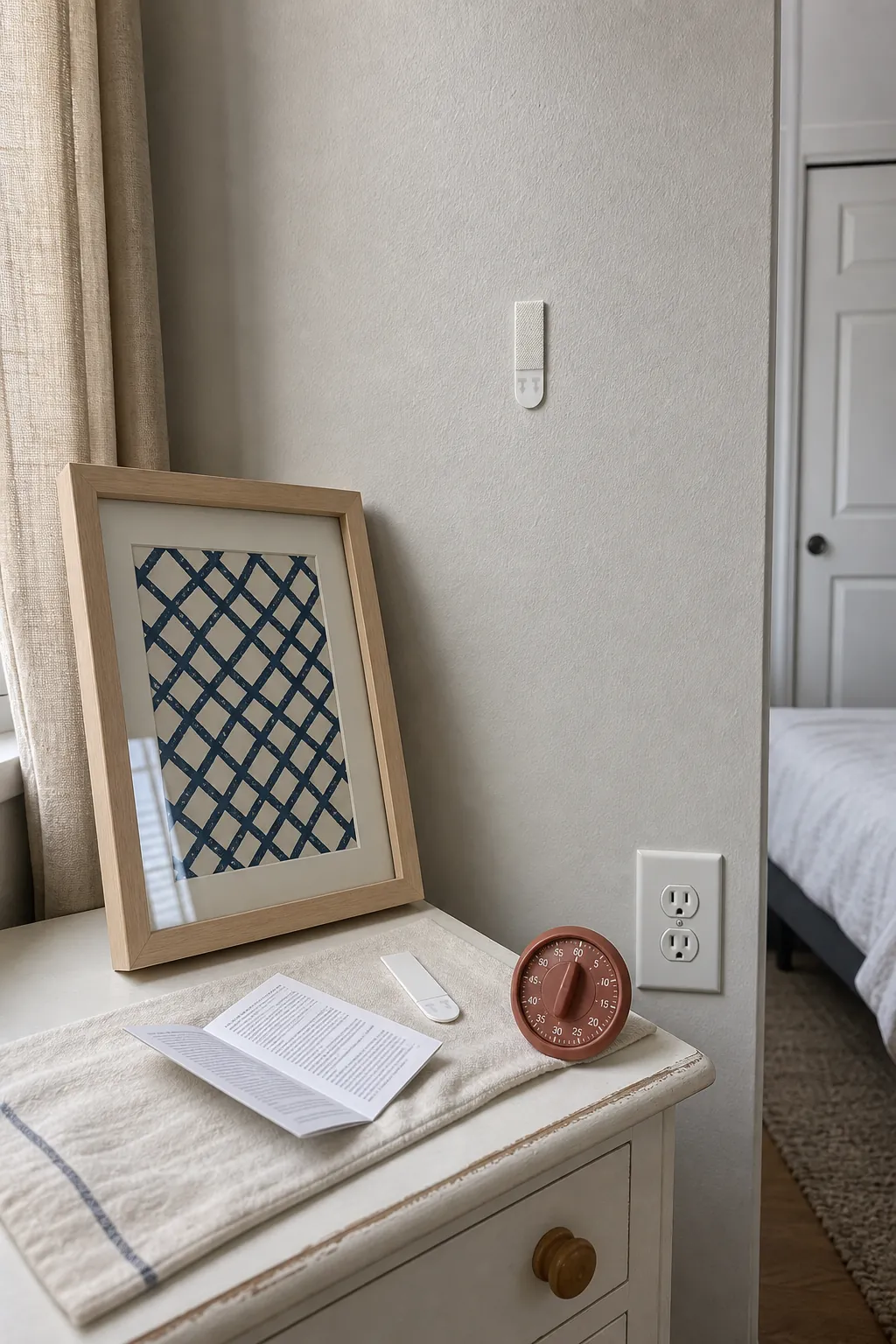 Small removable adhesive test behind lightweight art on a painted rental wall