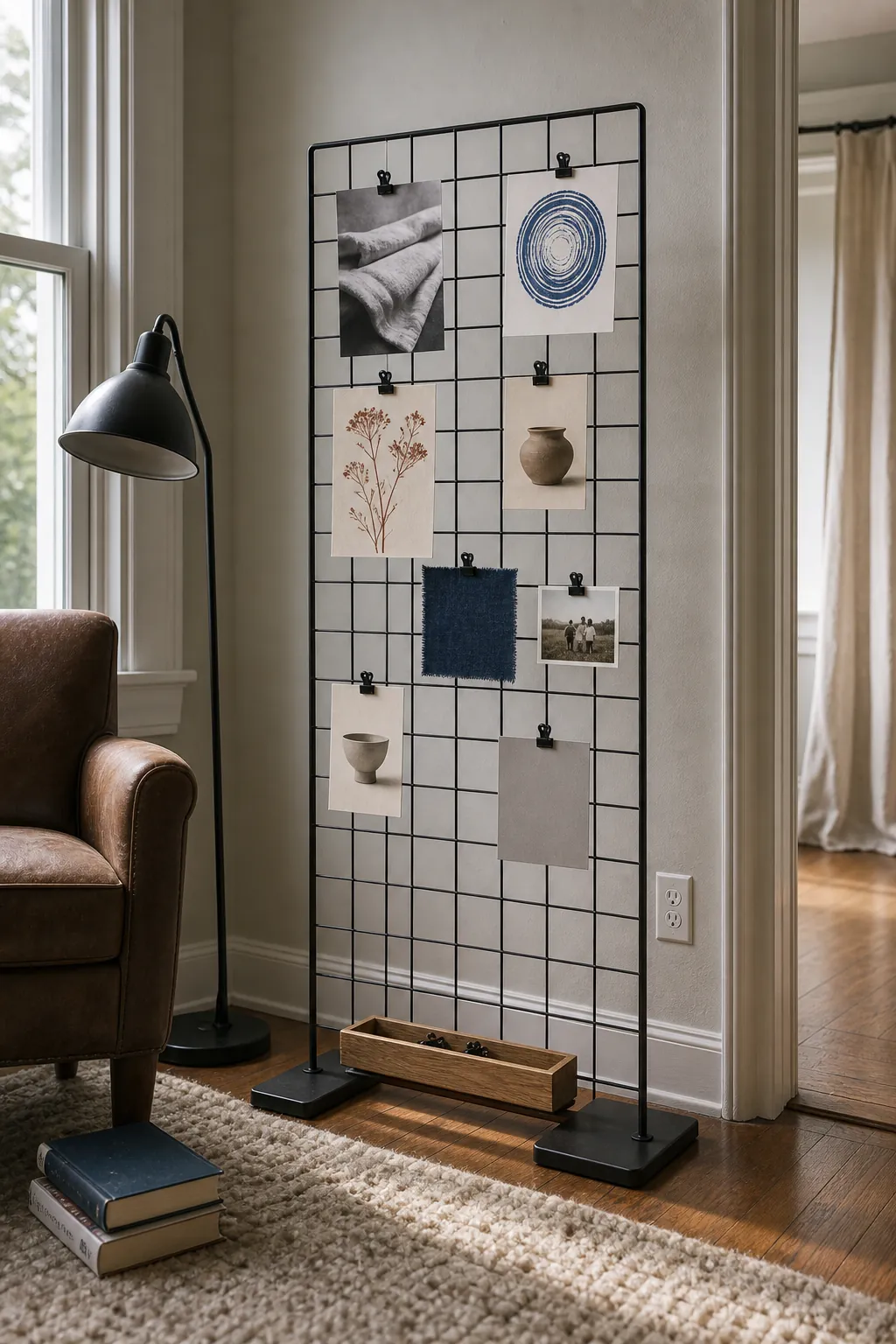 Freestanding metal grid displaying photos and postcards without touching rental walls