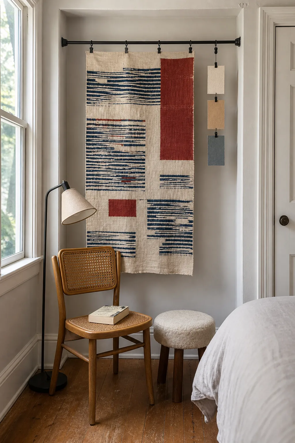 Tension rod textile display adding renter friendly color without touching painted walls
