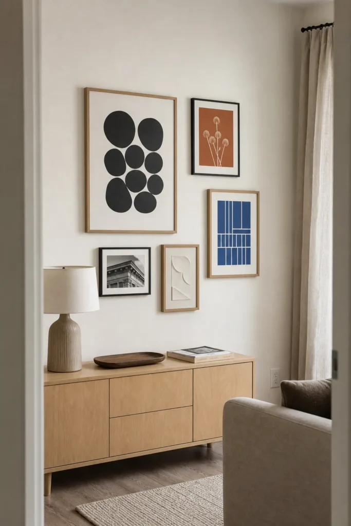 Lightweight apartment gallery wall hung without nails above a low sideboard