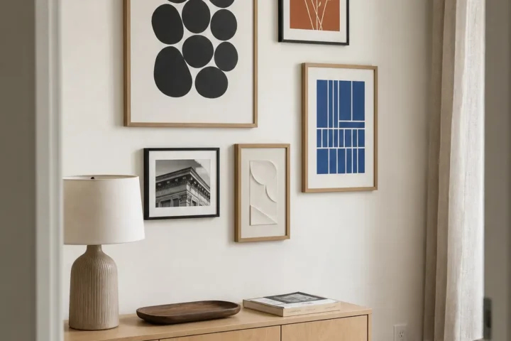 Lightweight apartment gallery wall hung without nails above a low sideboard