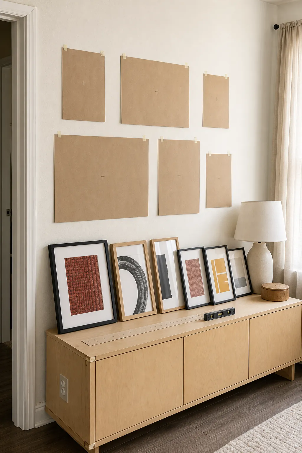 Paper templates planning a no nail apartment gallery wall above a sideboard