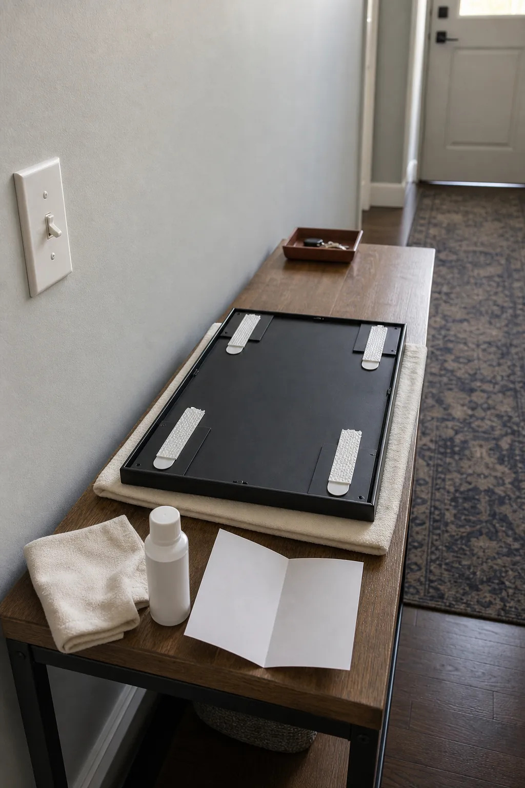 Clean painted wall and paired removable picture strips prepared for a lightweight frame