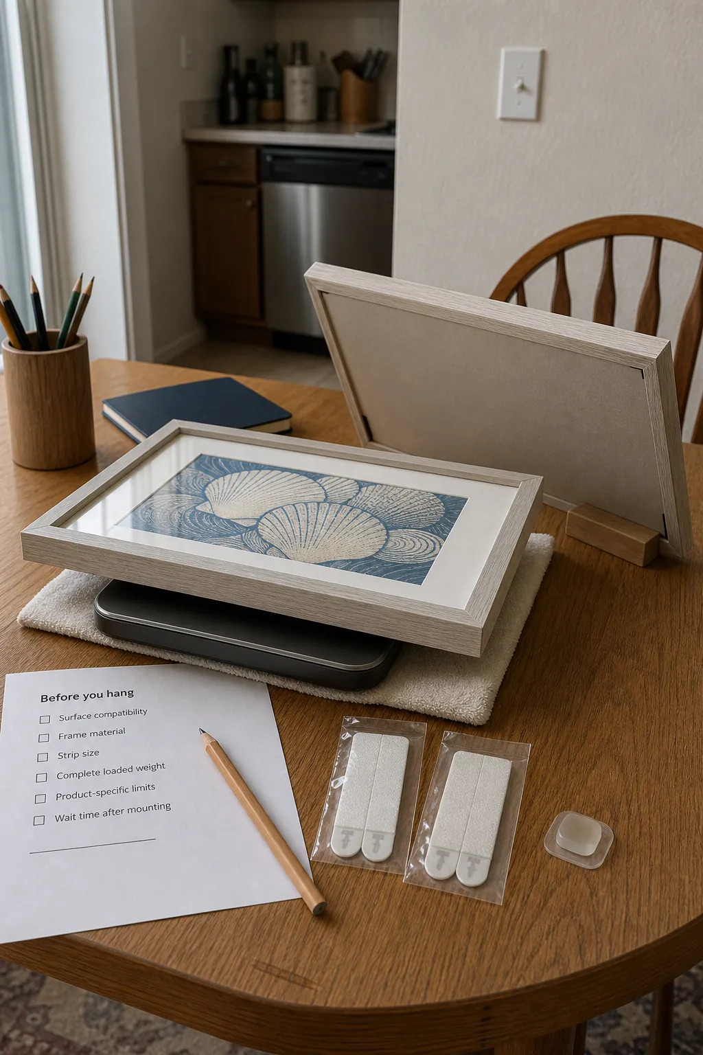 Lightweight acrylic-front picture frame checked on a household scale before hanging