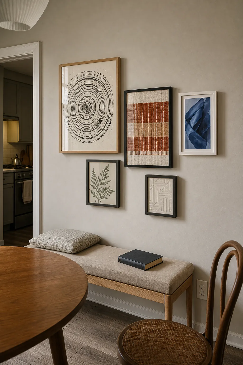 Balanced no nail gallery wall of lightweight acrylic frames in an apartment dining nook