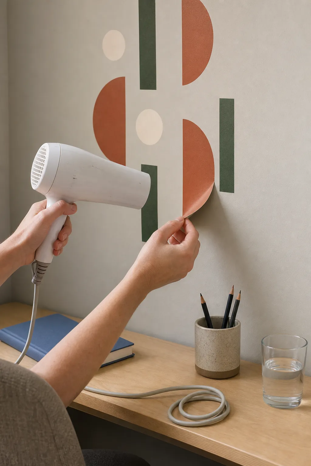 Hair dryer warming a vinyl decal before removal from painted wall