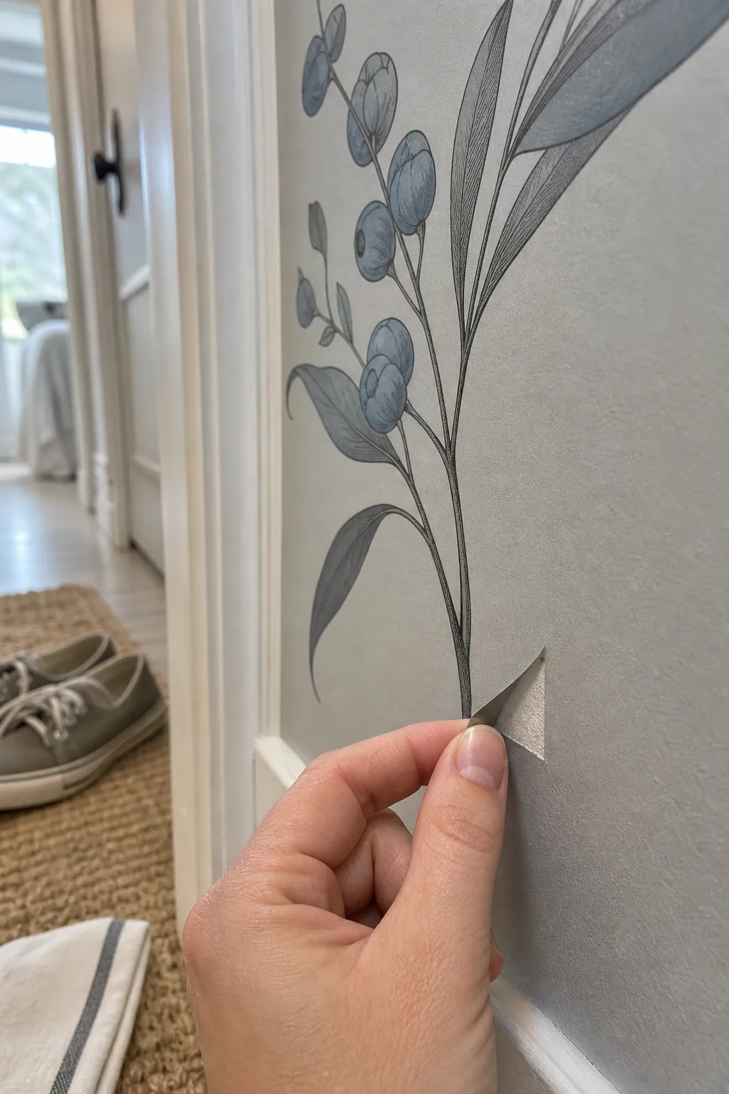 Fingertip gently lifting one corner of a vinyl wall decal