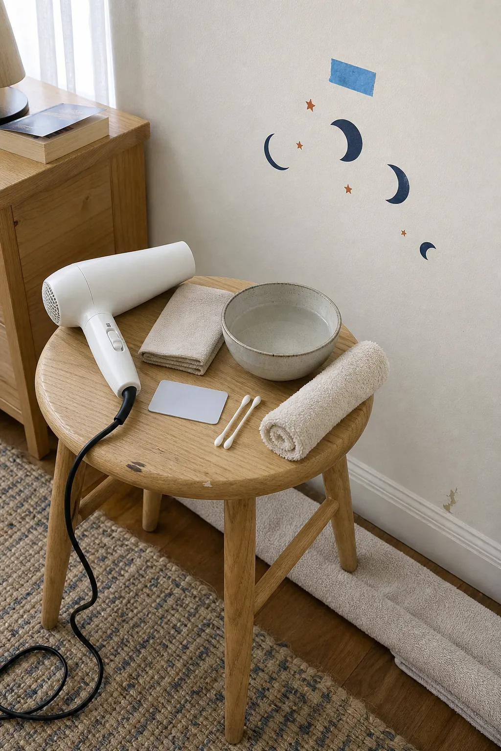 Supplies arranged for safe wall decal removal from painted wall