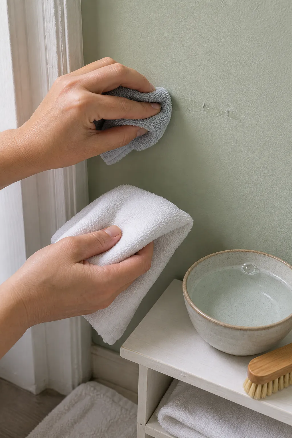 Microfiber cloth spot-cleaning wall sticker residue on painted wall