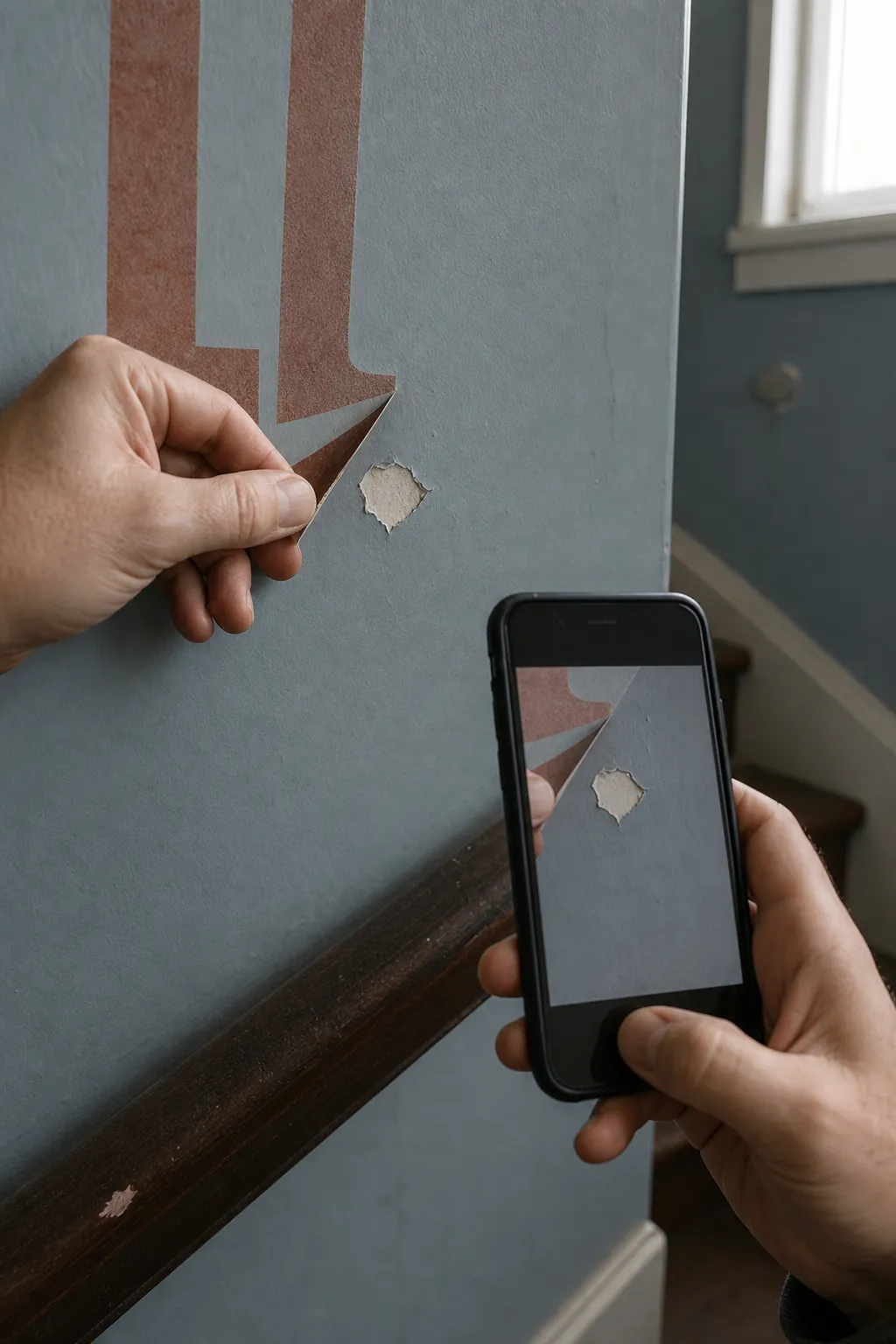 Close inspection of minor paint lifting after old wall decal removal