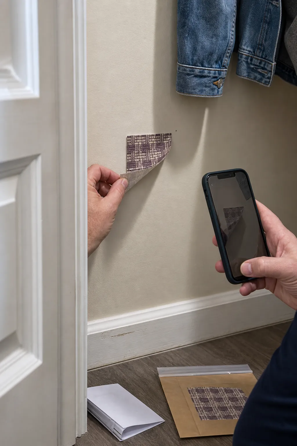 Renter slowly removing a small wall decal test patch