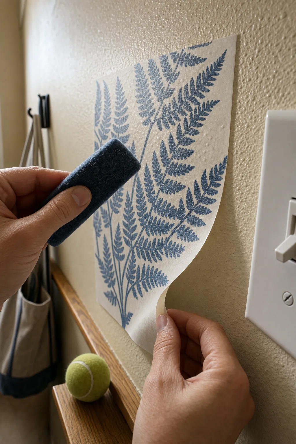 Vinyl decal contact points visible on lightly textured painted wall