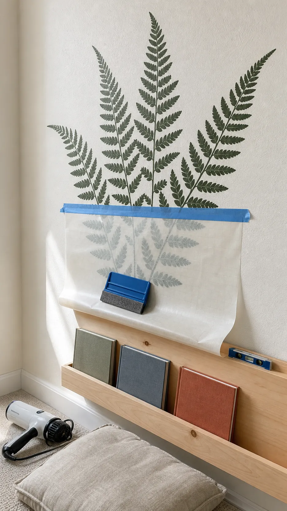 Careful application of a vinyl decal onto a light orange peel wall