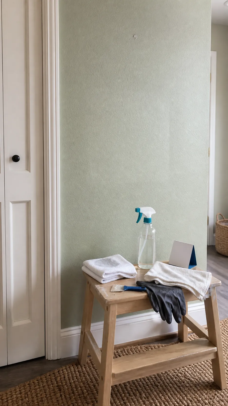 Lint-free cloth cleaning a lightly textured painted wall before decal installation