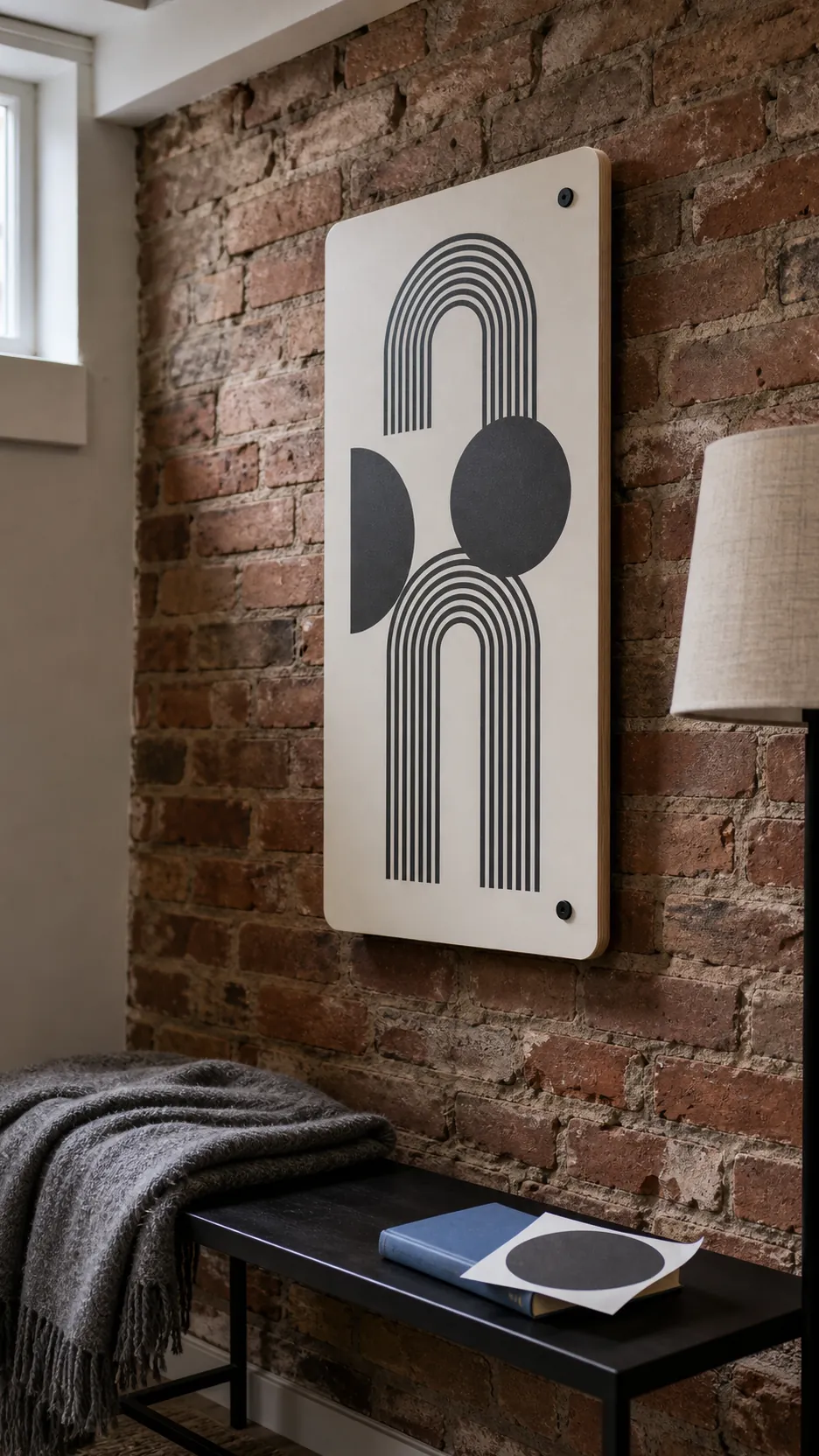 Decorative vinyl decal on a smooth mounted panel against a rough brick wall