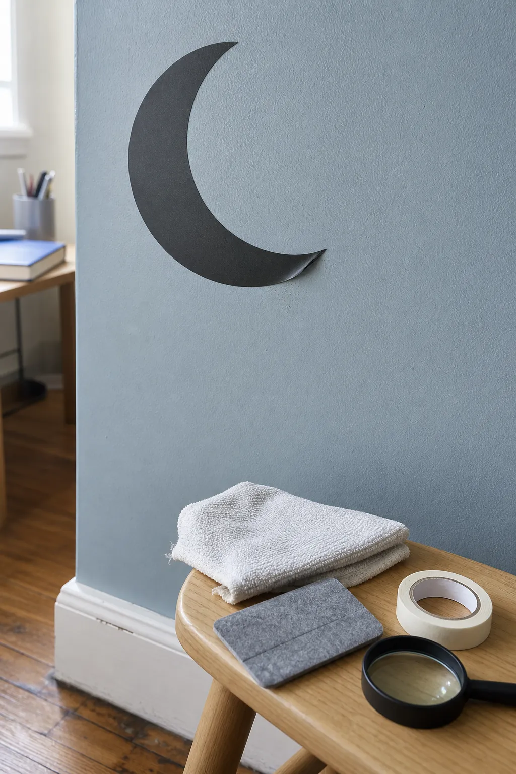 Close view of a lifting wall decal edge on a painted wall beside simple inspection tools